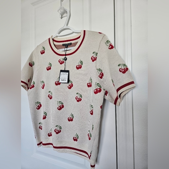 NWT Adrianna Papell Sweater Top Short Sleeve Size L Cherries Print Cream/Red - Picture 6 of 9
